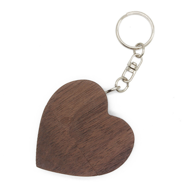walnut wood heart shape pendrive with keychain