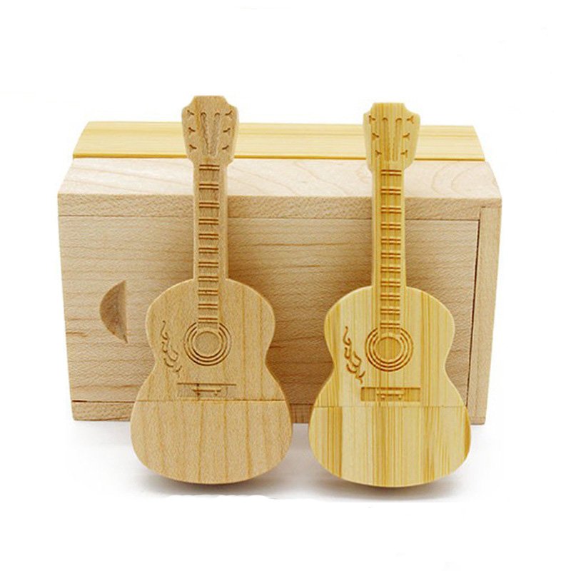 Two material options natural maple wood and bamboo guitar usb memory sticks, custom engraved music flash drive with matching wooden gift box