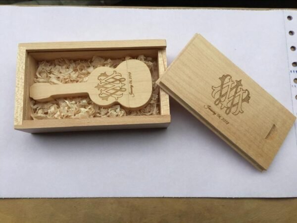 Personalized laser engraved guitar bamboo wood usb stick set, slide wooden gift box with custom monogram and date engraving for music gift