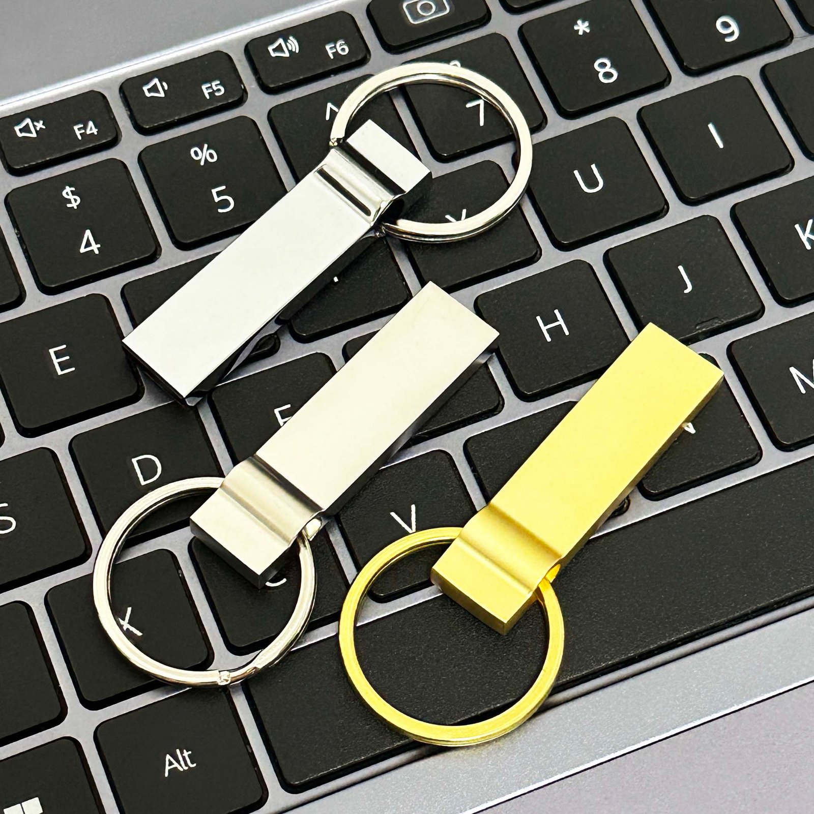 Metal keyring USB flash drive in gunmetal silver and gold colors