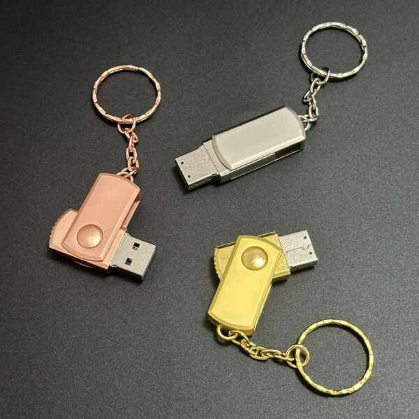 Three colors metal swivel pendrive pink gold silver, some with swivel cap open some closed, multi-angle display
