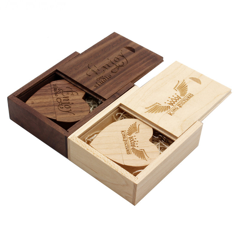 Custom engraved heart wooden USB drive and slide wooden gift box set