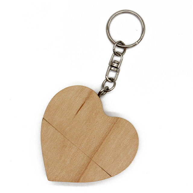 Heart wooden USB stick with metal keychain split design