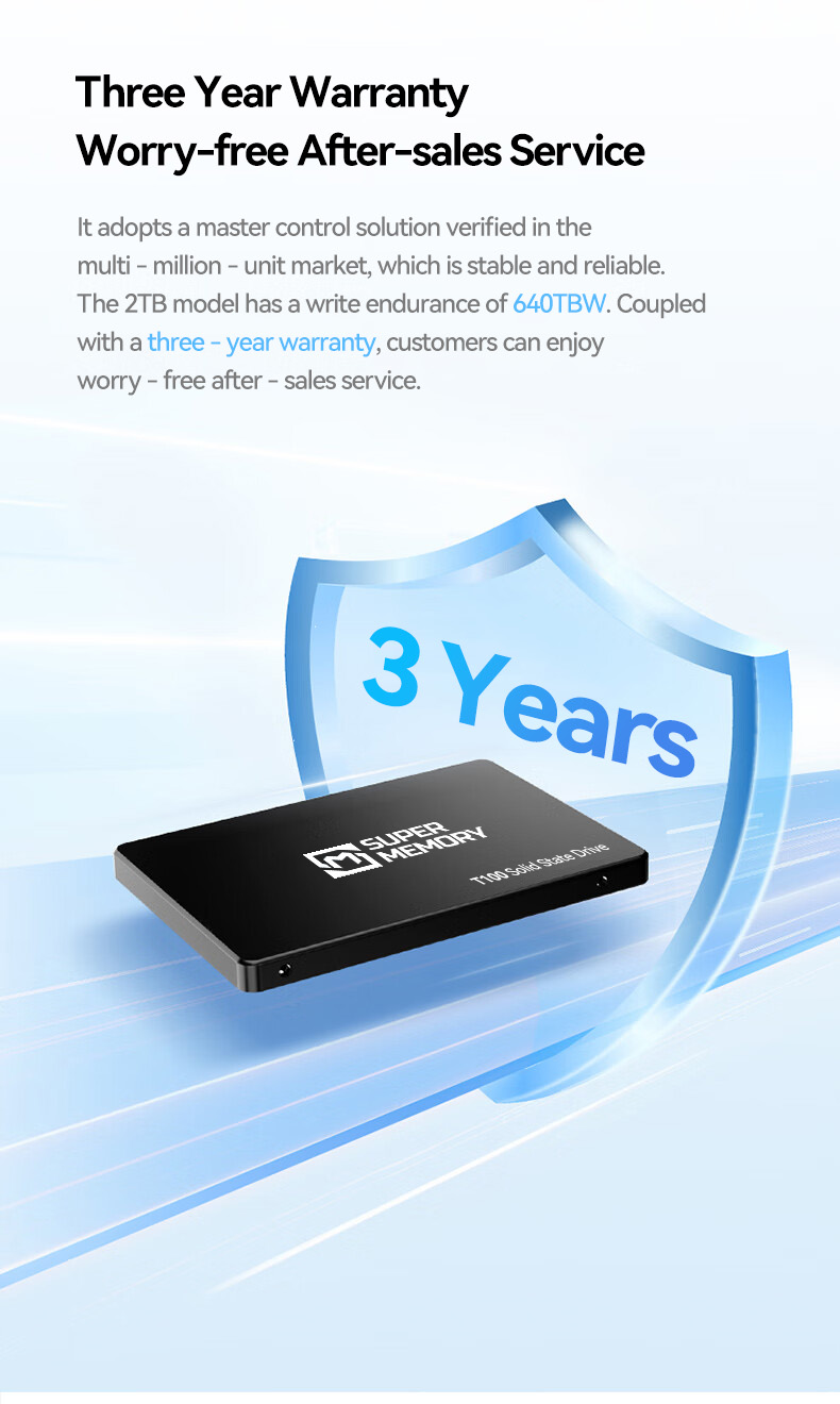 T100 SSD three year warranty with 640TBW write endurance for 2TB model worry free after sales service
