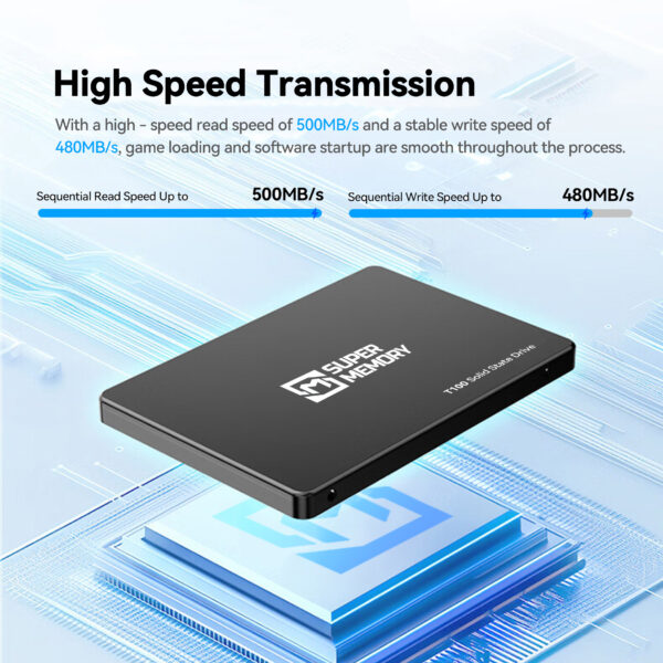T100 SSD high speed transmission with 500MB/s read and 480MB/s write for smooth gaming and software loading