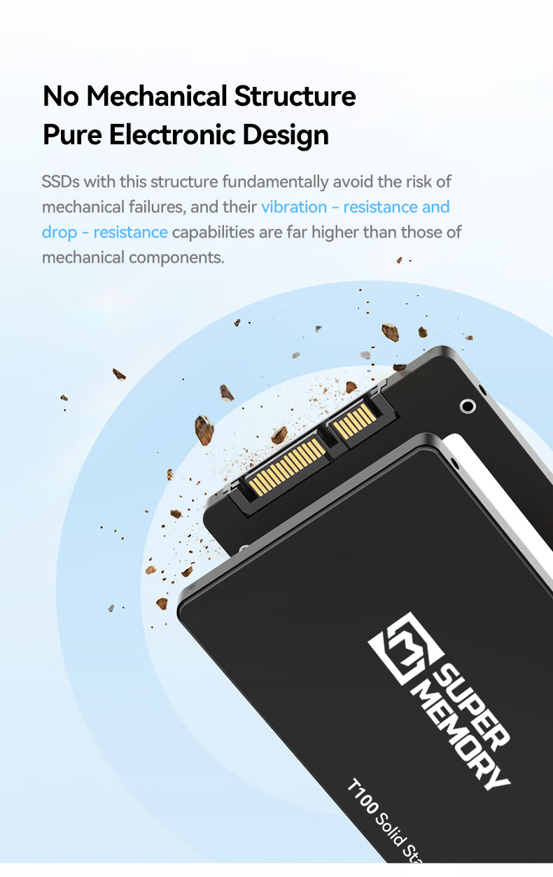 T100 SSD no mechanical structure pure electronic design for vibration resistance and drop resistance