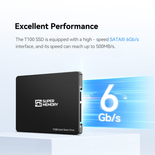 T100 SSD product parameter SATA III 6Gb/s 128GB to 2TB capacity 500MB/s read 480MB/s write 40TBW to 640TBW 3 year warranty