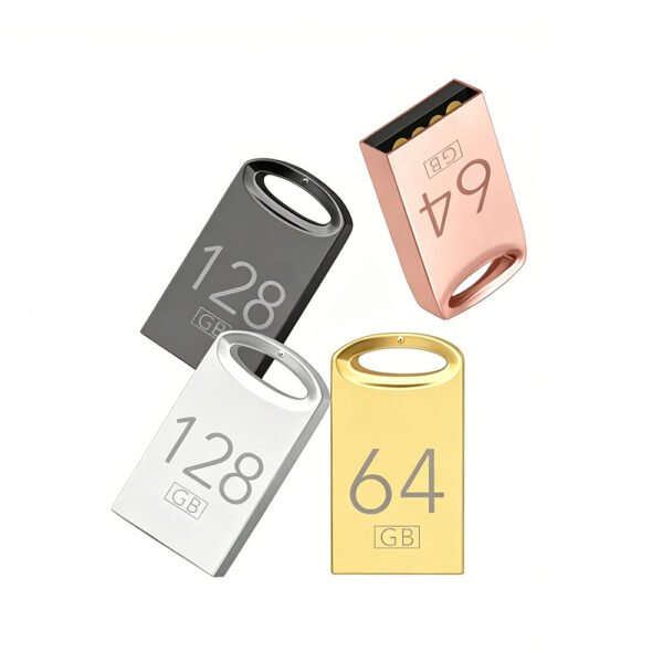 Four mini metal USB flash drives gold silver black champagne