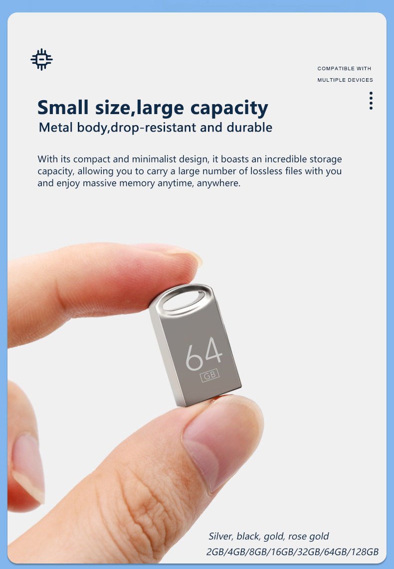 SMU127 mini metal USB flash drive compatible with multiple devices, 2GB to 128GB capacity, silver black gold rose gold colors