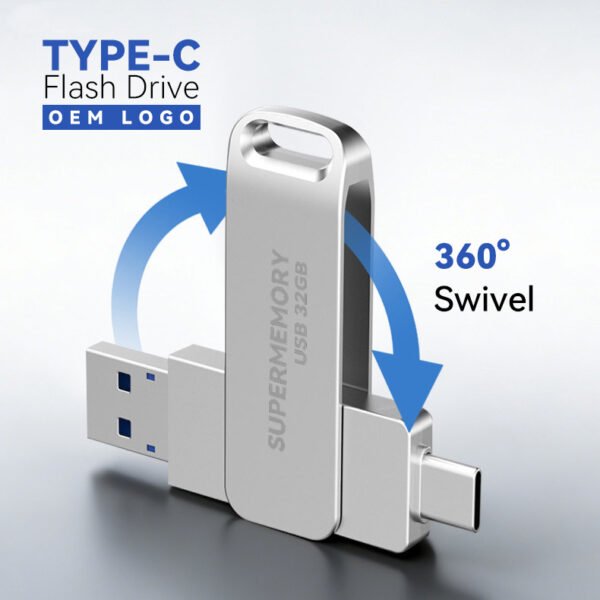 360° rotating dual USB 3.0 Type-C metal flash drive with zinc alloy body, showing both USB-A and Type-C connectors in matte black finish