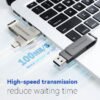 Dual USB 3.0 Type-C metal flash drive rotating to show both USB-A and USB-C interfaces on matte black metal body