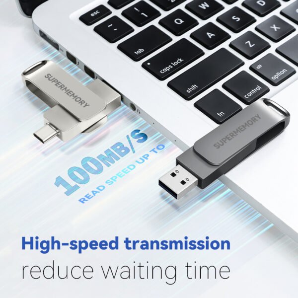 Dual USB 3.0 Type-C metal flash drive rotating to show both USB-A and USB-C interfaces on matte black metal body