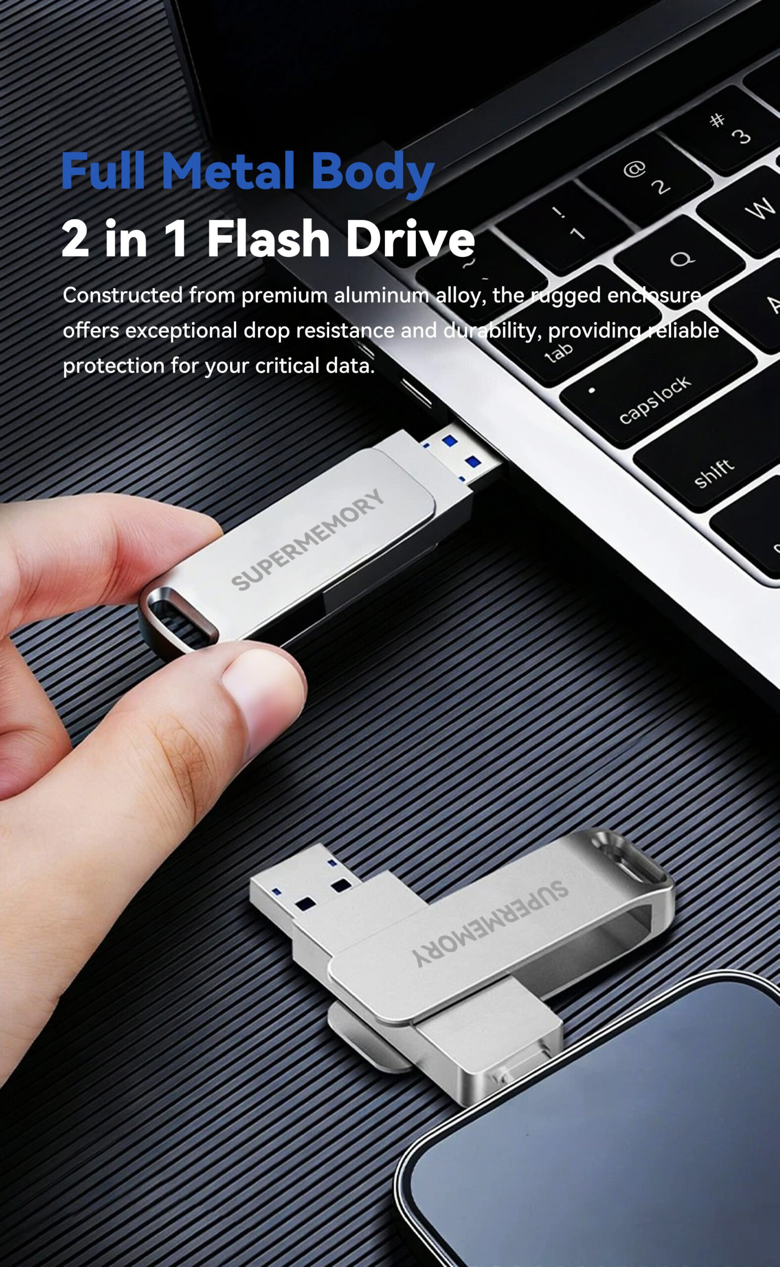 Dual USB Type-C metal flash drive connected to computer for fast USB 3.0 file transfer