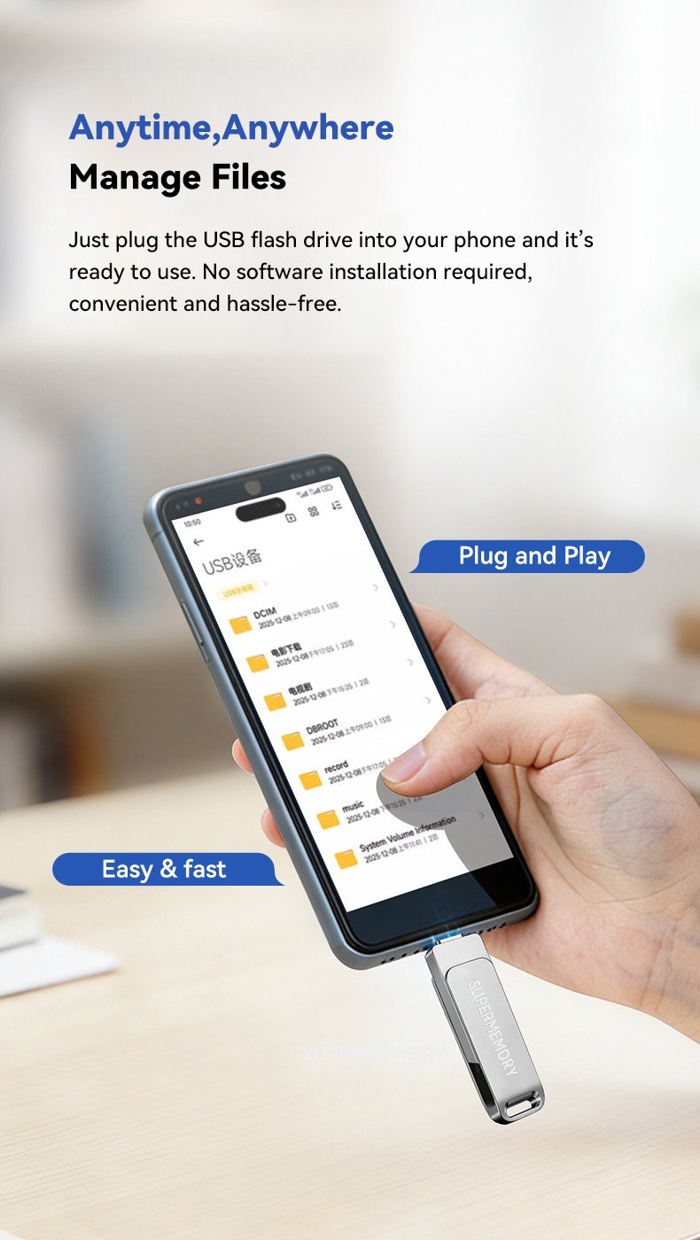 Dual USB Type-C metal flash drive plugged into USB-C port of Android phone backing up photos and videos